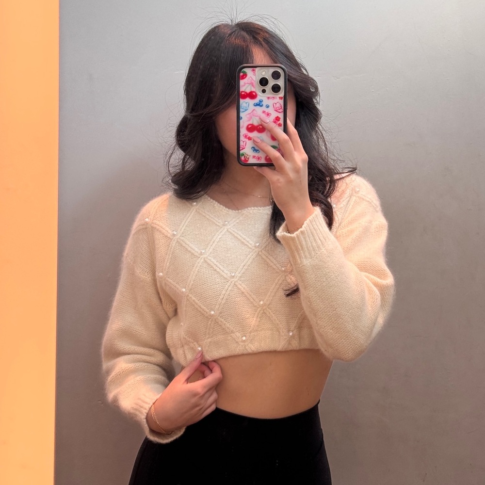 vintage wool and angora cropped sweater with pearls